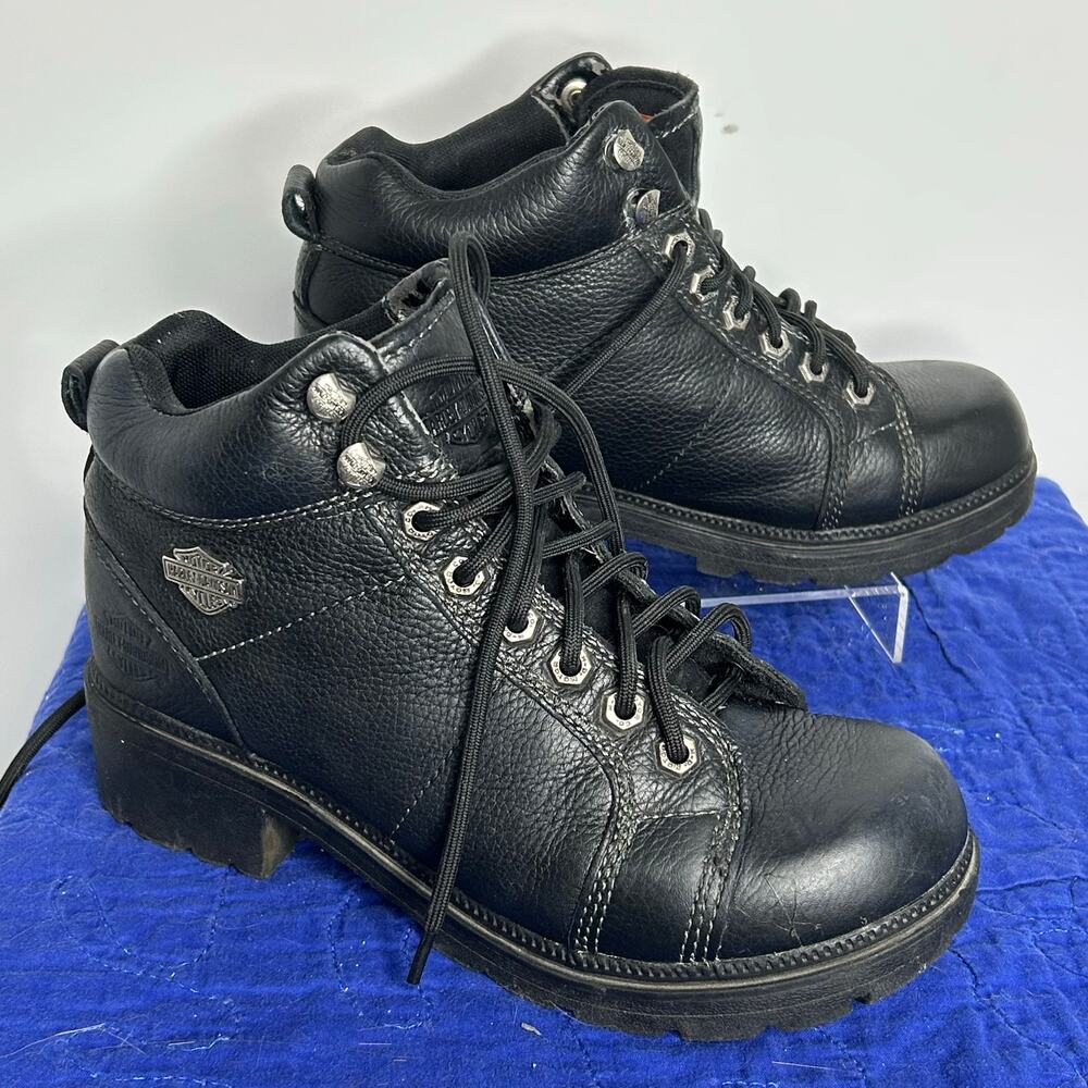 Harley-Davidson Leather Moto Boots Black Lace Up Biker Distressed 7.5